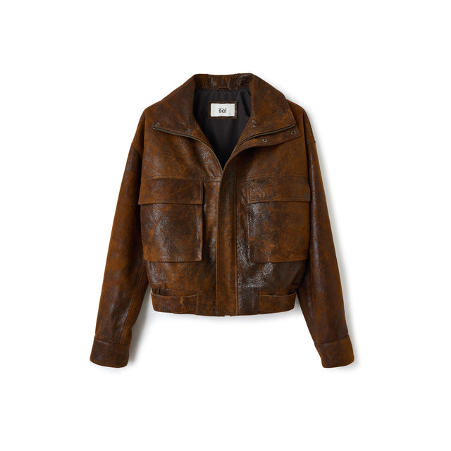 Leather Bomber Jacket In Cogniac