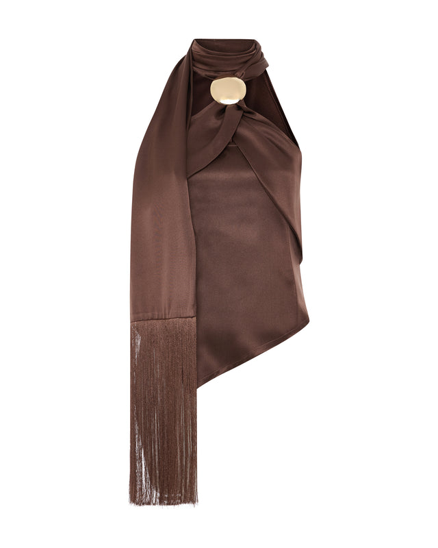 Moka Asymmetric Silk Satin Halter Top with Fringe