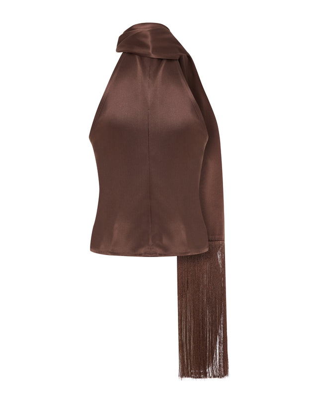 Moka Asymmetric Silk Satin Halter Top with Fringe
