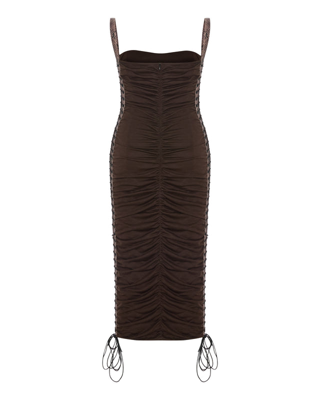Gisele Ruched Midi Dress with Leather Panels