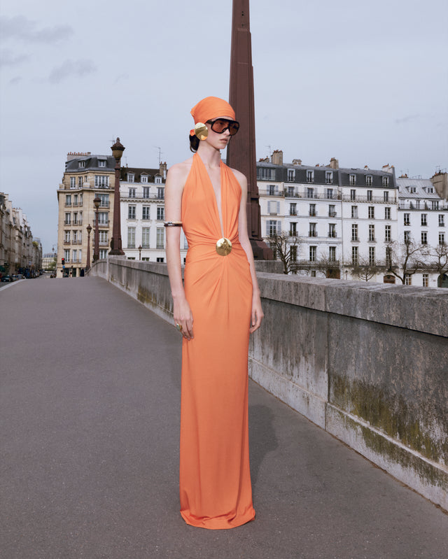 Flavie Draped Halter Gown with Dome Brooch