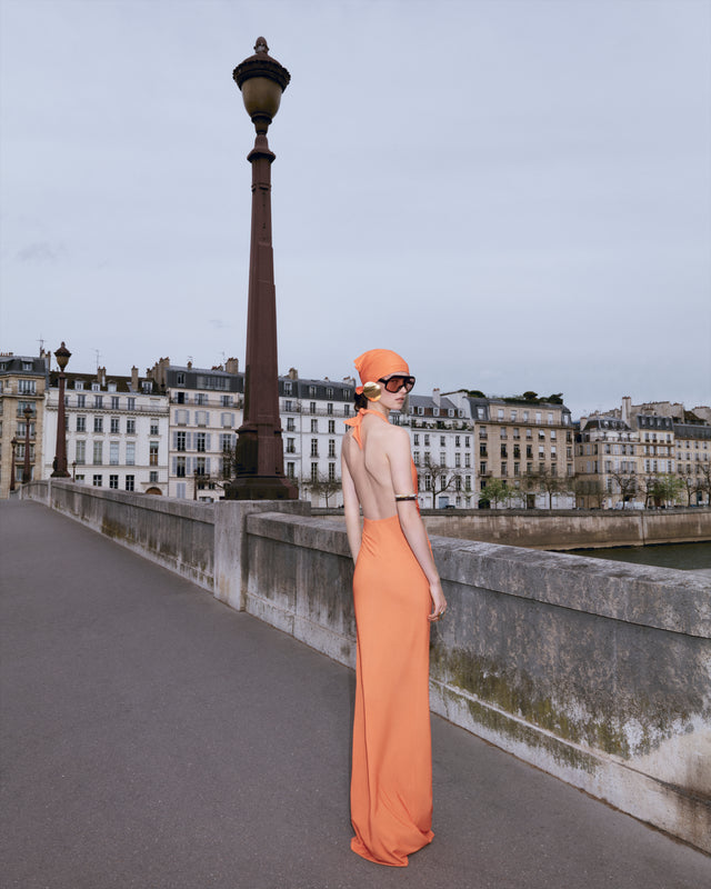 Flavie Draped Halter Gown with Dome Brooch