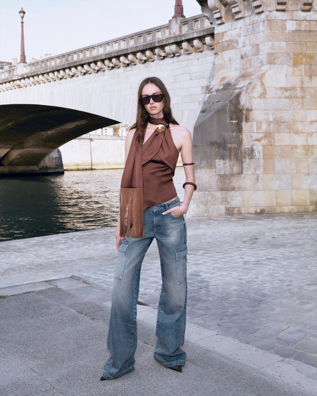 Moka Asymmetric Silk Satin Halter Top with Fringe