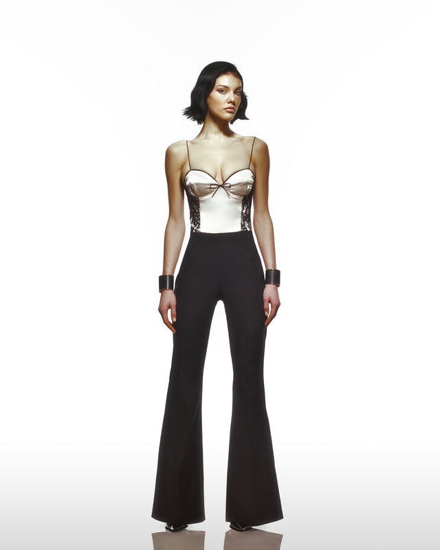 Corsetted Jump Suit With Satin And See Through Bustiyer