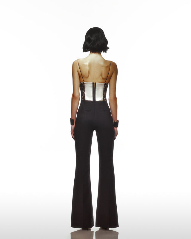 Corsetted Jump Suit With Satin And See Through Bustiyer