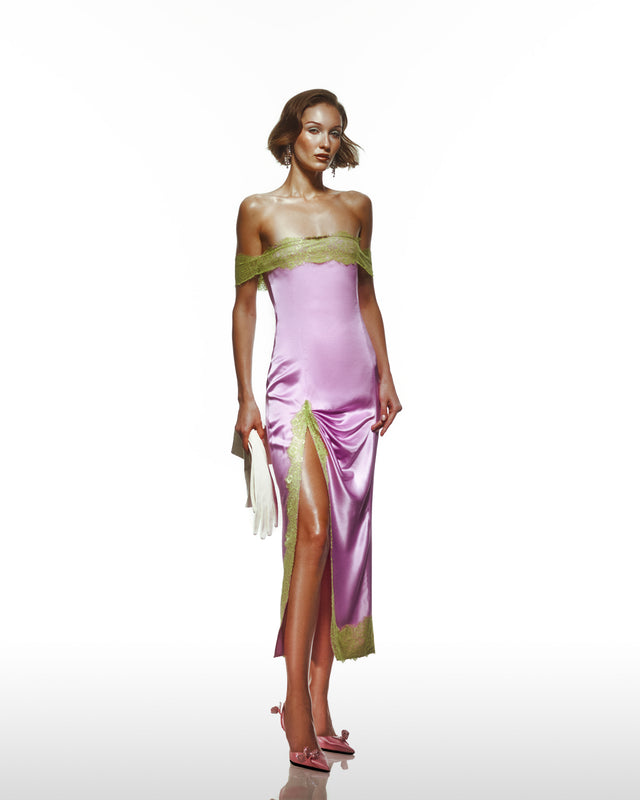 Lilac Silk Dress With Green Lace Aplique Details