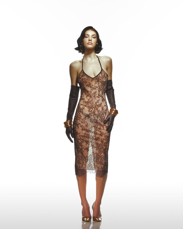 Black Lace Spaghetti Strap Bodycon Dress With An Inlining