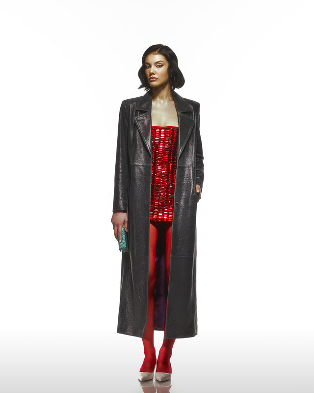 Distress Leather Trench Coat With Purple Lining