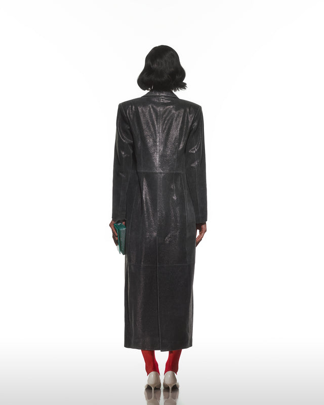 Distress Leather Trench Coat With Purple Lining