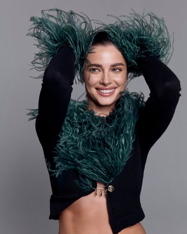 Ostrich Trimmed Black Soft Knit Cardigan