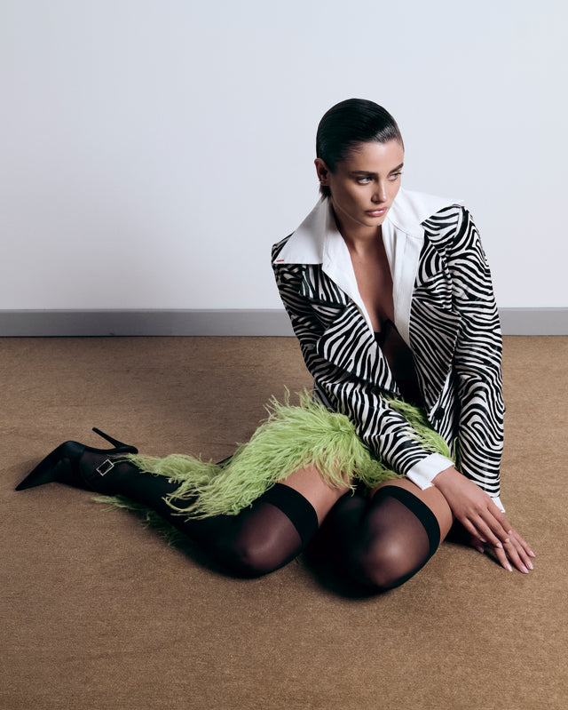 Asymmetic Slit Black Crepe Skirt With Green Ostrich Trim