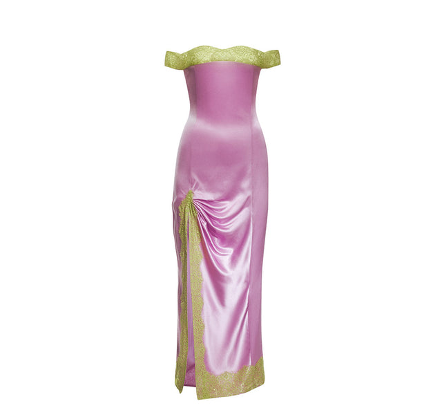 Lilac Silk Dress With Green Lace Aplique Details