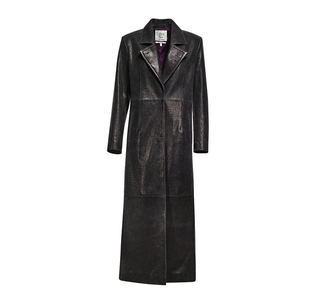 Distress Leather Trench Coat With Purple Lining