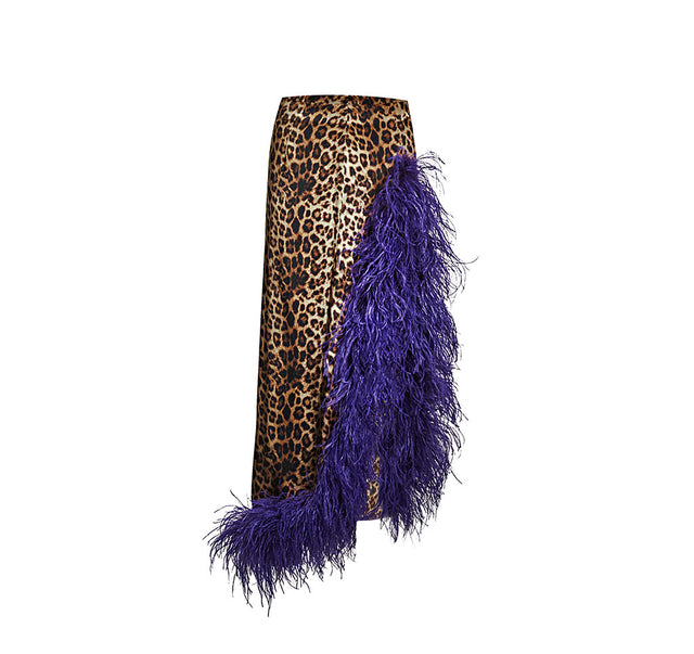 Leopard Print Silk Skirt With Purple Ostrich Trim