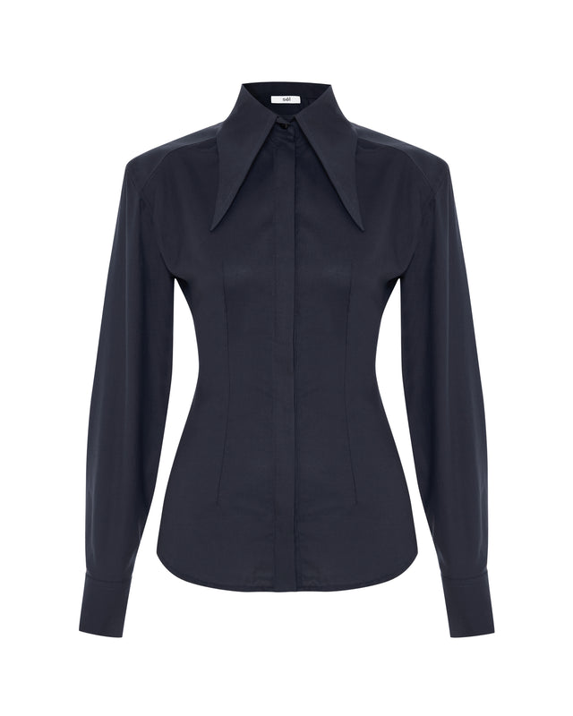 Icóne Navy Tailored Cotton Shirt with Shoulder Pads