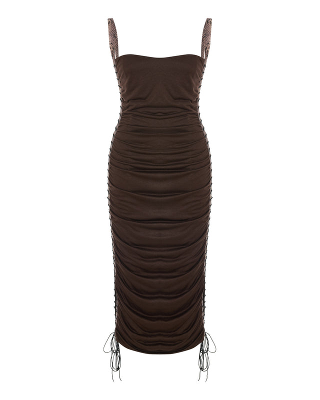 Gisele Ruched Midi Dress with Leather Panels
