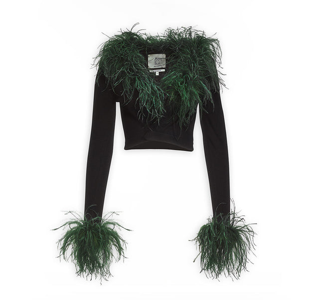 Ostrich Trimmed Black Soft Knit Cardigan